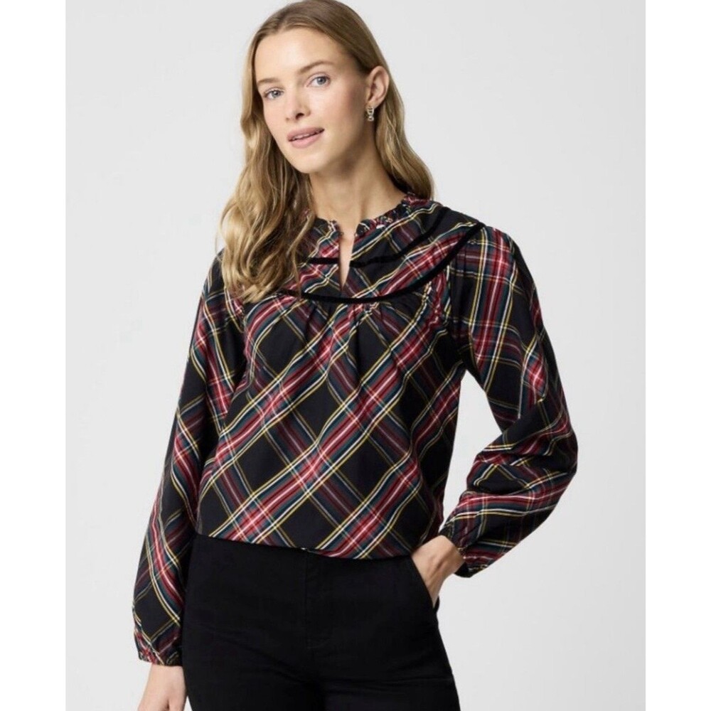 J.Crew Factory Women’s Tartan Smocked Top Black Red Plaid Size S Boho Velvet